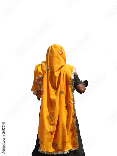 Hindu woman in bright orange scarf photo