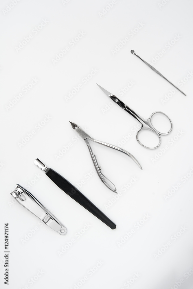 manicure instruments set on white background top view manicure instruments set on white background top view