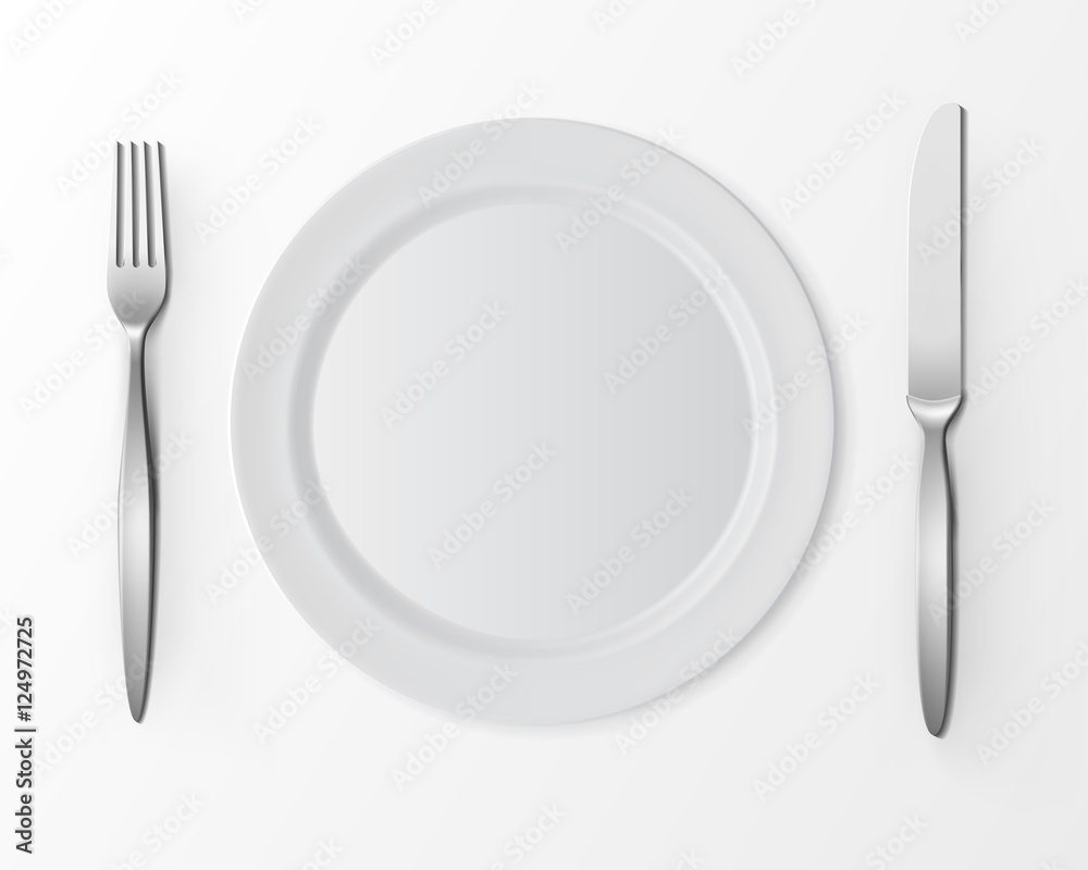 Vector White Empty Flat Round Plate with Fork and Knife Top View Isolated on White Background. Table Setting Vector White Empty Flat Round Plate with Fork and Knife Top View Isolated on White Background. Table Setting
