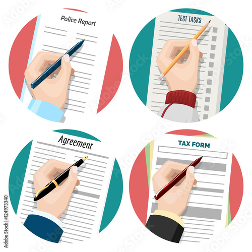 Flat icons with left-hander writing signing document forms vector