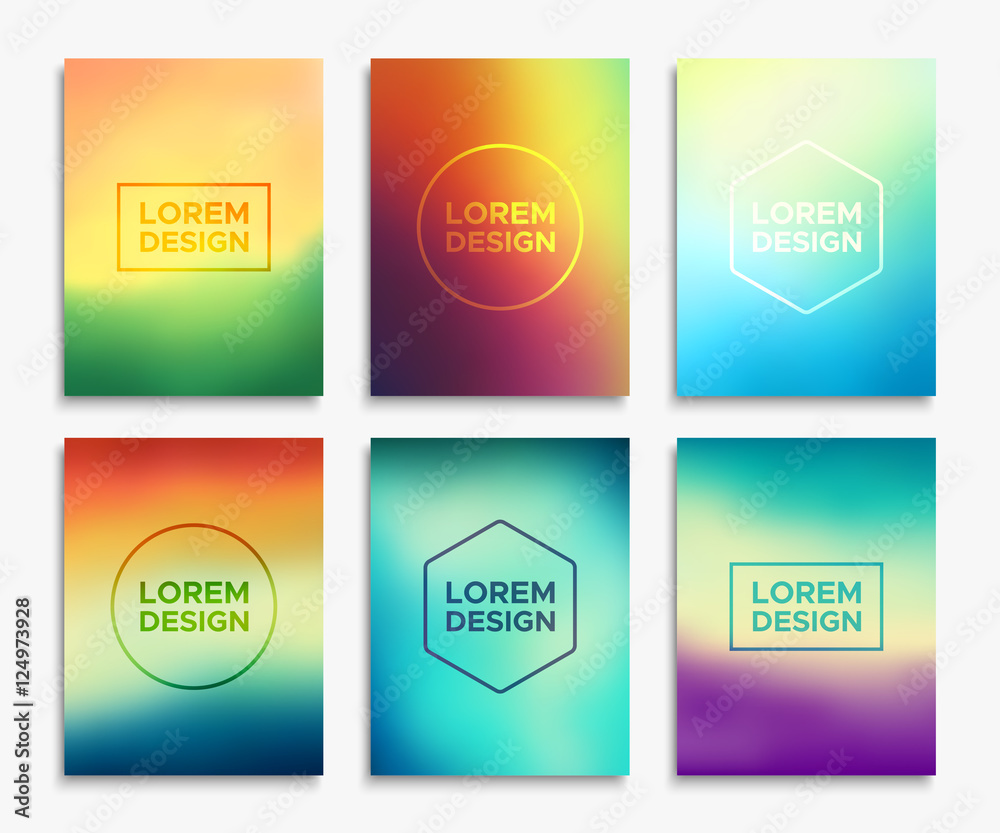 Fototapeta premium Brochure or flyer layout in A4 size. Abstract geometric shapes on blurred backgrounds set. Vector illustrations for magazine cover or website promotional banner design.