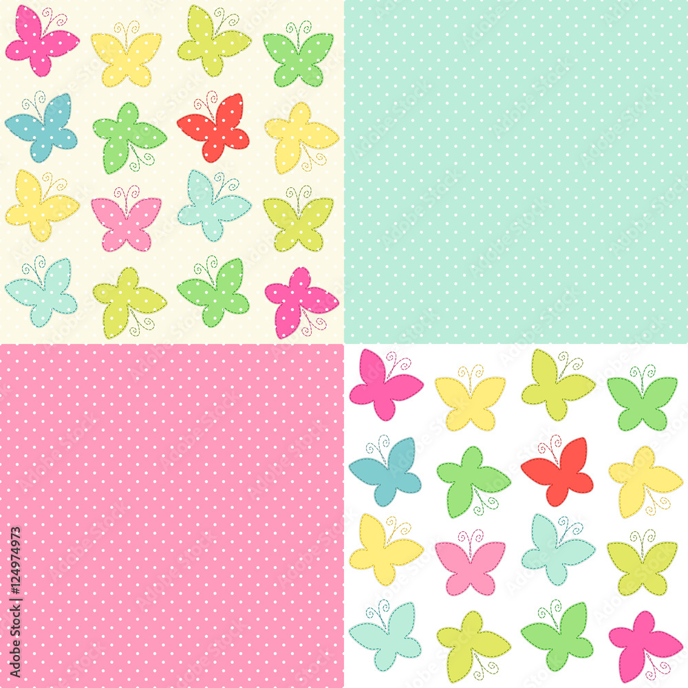Cute primitive retro seamless patterns with butterflies and polka dots Cute primitive retro seamless patterns with butterflies and polka dots