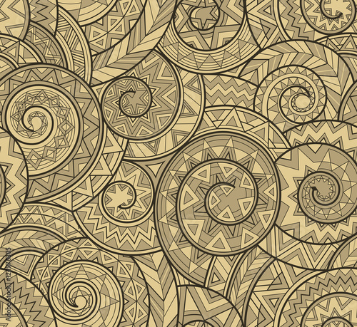 vector chaotic geometric seamless pattern in style primitive tribal, three colors