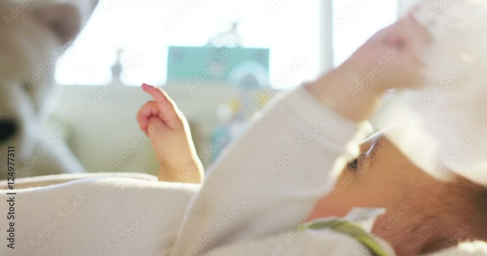 Happy Mother and Baby kissing and hugging, Resting in bed together, Maternity concept Motherhood Beautiful Happy Family Stock Video Footage in Slow Motion Happy Mother and Baby kissing and hugging, Resting in bed together, Maternity concept Motherhood Beautiful Happy Family Stock Video Footage in Slow Motion