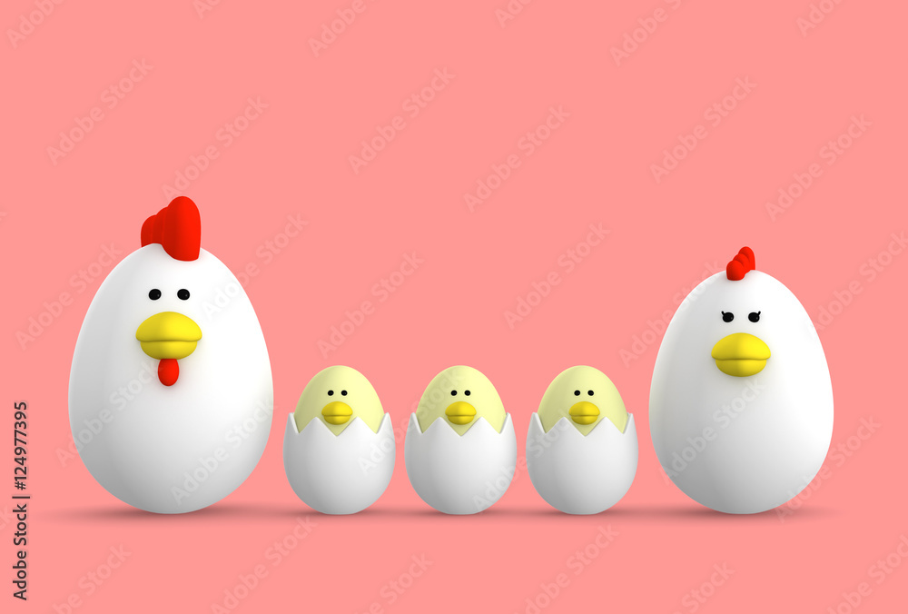 玉子　鶏　家族　3D illustration