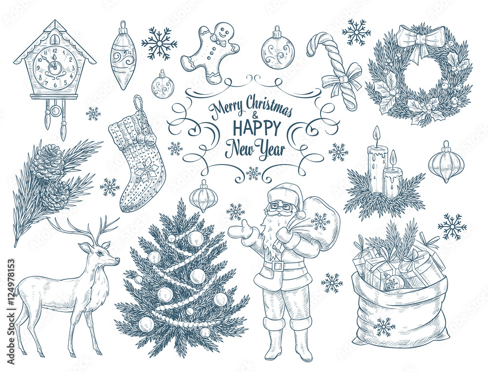 Set of hand drawn christmas elements.