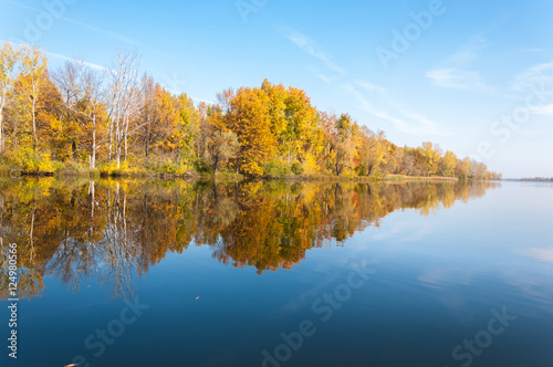 Autumn calm on the lake reflection of trees in water