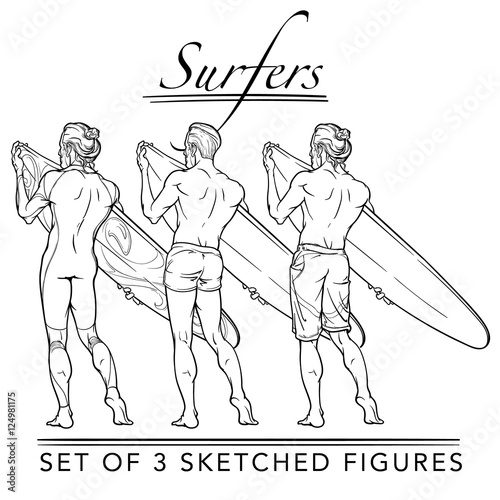 Set of 3 sketched surfer back view figures. Hipster style looking young surfers wearing different swimwear. Sketch isolated on white background. EPS10 vector illustration.