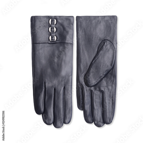 Black women's leather gloves isolated on white