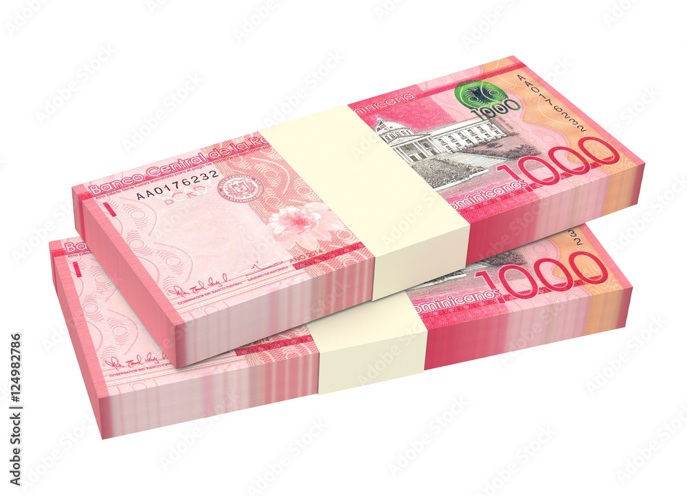 Dominican peso bills isolated on white background. 3D illustration. Dominican peso bills isolated on white background. 3D illustration.