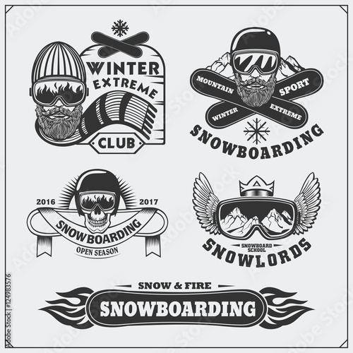 Set of Snowboarding extreme labels, emblems, badges and design elements. Vintage mountain adventure symbols.