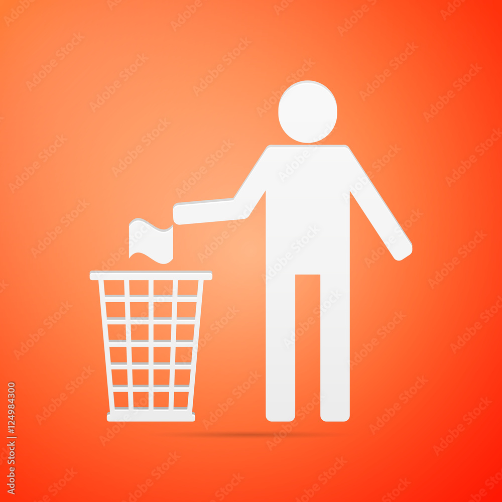 Recycle icon, man throwing trash into dustbin flat on orange background