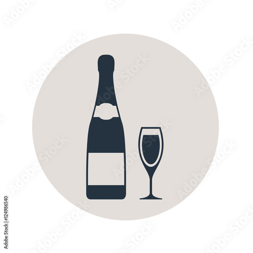 Icono plano botella y copa champan en circulo gris
