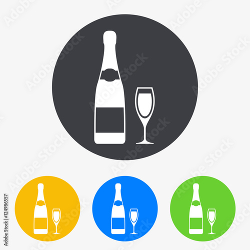 Icono plano botella y copa champan en circulo varios colores