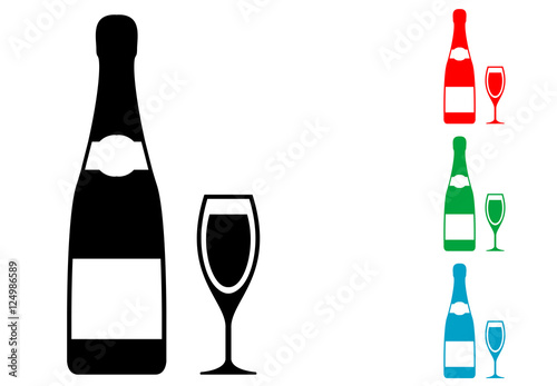 Icono plano botella y copa champan varios colores