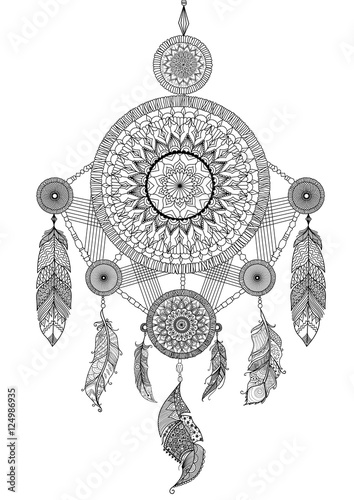 Lineart design of beautiful unique dream catcher for illustration and adult coloring book pages - Stock Vector