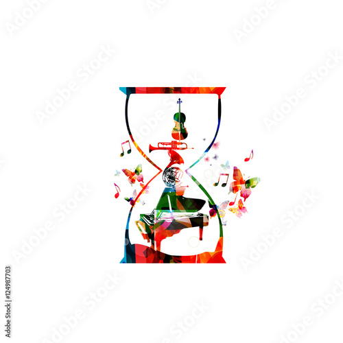 Music template vector illustration, colorful music instruments, piano, french horn, trumpet, violoncello background. Music poster, brochure, banner, flyer, concert, music festival, music shop design 
