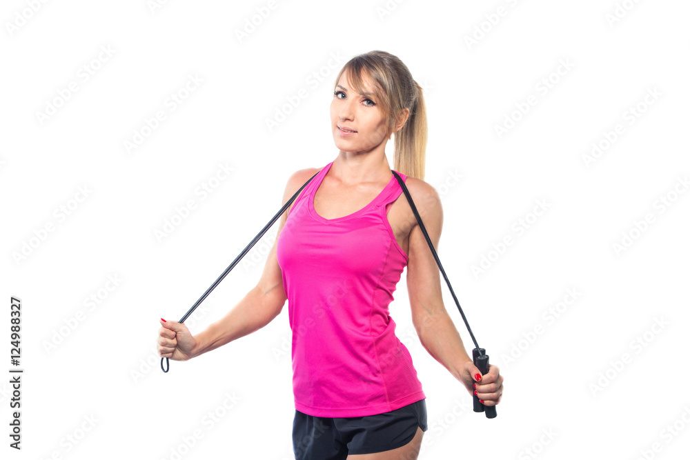 woman aerobics rope isolated on white background woman aerobics rope isolated on white background