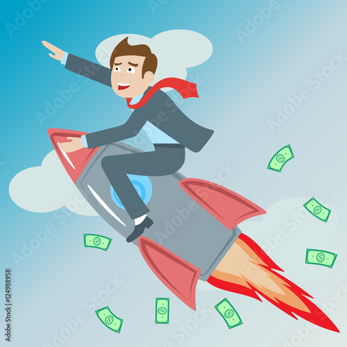 Businessman riding a rocket goes up on the background of sky, clouds and money , the concept of success