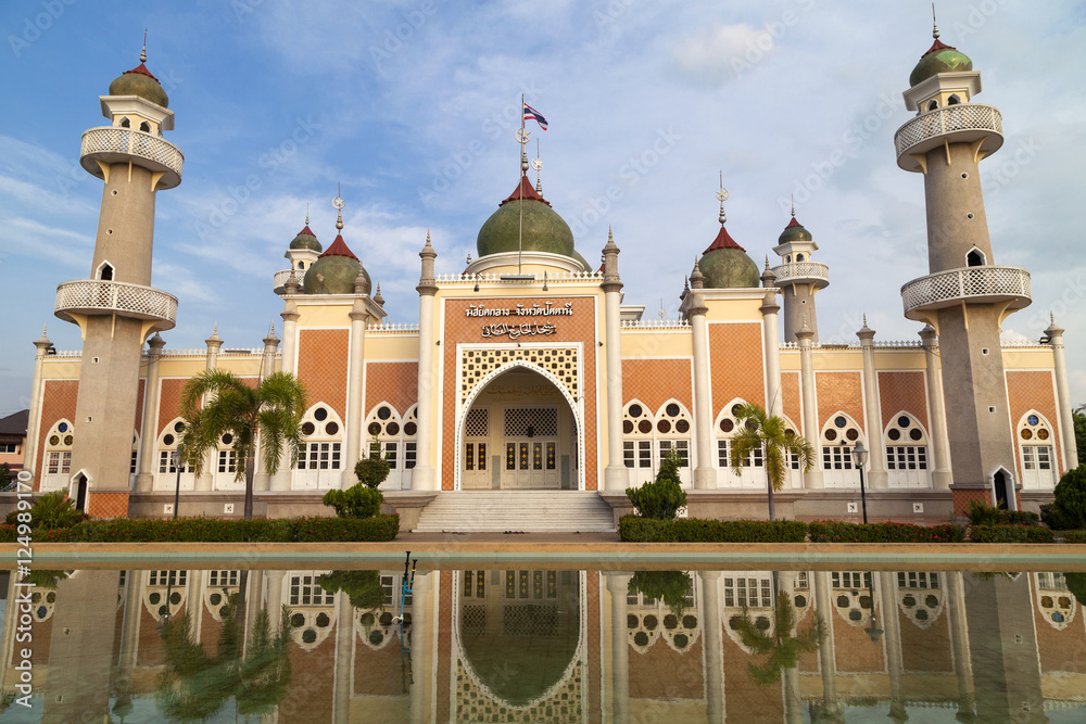 Pattani central mosque with reflection in Thailand.