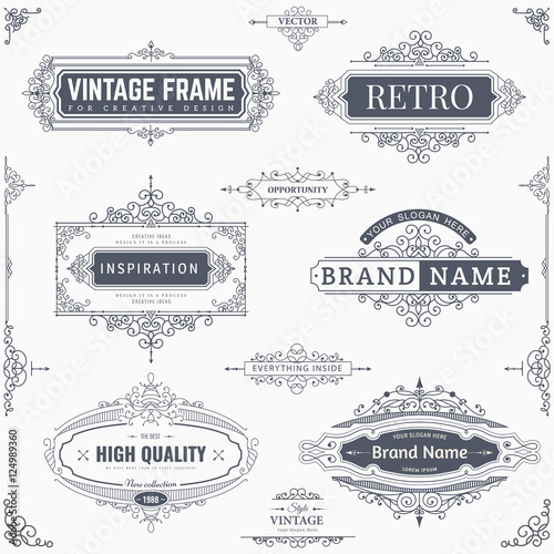 Set of creative vector templates for logos, label or banners on the theme of quality and business in vintage style. Flourishes calligraphic elements. Design frame and page decor