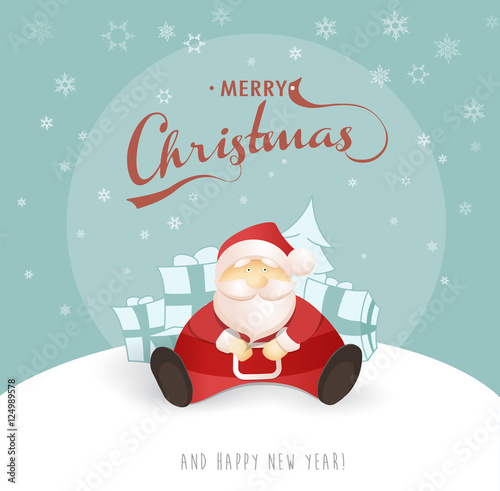 Merry Christmas and Happy New Year greeting card with Santa sitt © pokki