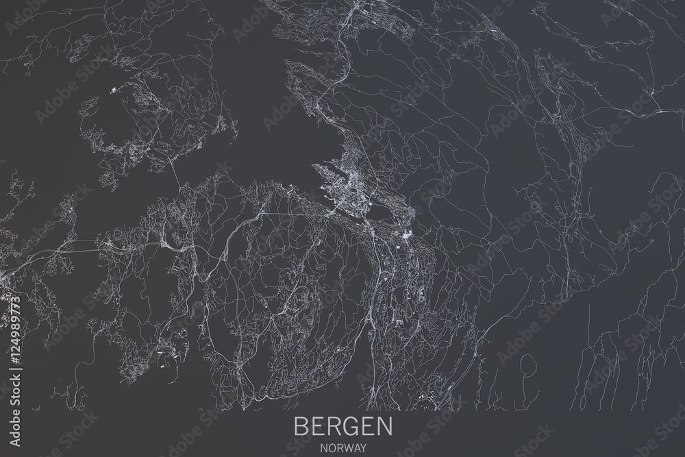 Cartina di Bergen, vista satellitare, città, Norvegia. 3d rendering