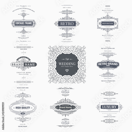 Set of creative vector templates for logos, label or banners on the theme of quality and business in vintage style. Flourishes calligraphic elements. Design frame and page decor photo