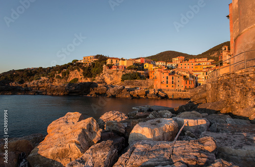 Long Exposure of small sea village Tellaro at sunset, near Lerici, La Soezia, Liguria, Italy, Europe