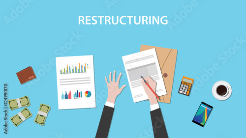 restructuring illustration concept with business man working on paperwork document graph chart cash money  top of the table