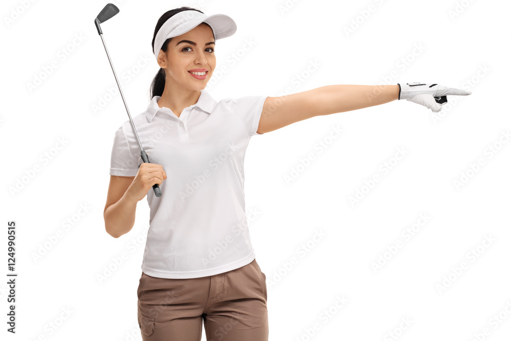 Female golfer holding a golf club and pointing right Female golfer holding a golf club and pointing right