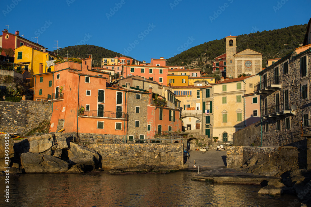 View of small sea village Tellaro near Lerici, La Spezia, Liguria,  Italy, Europe