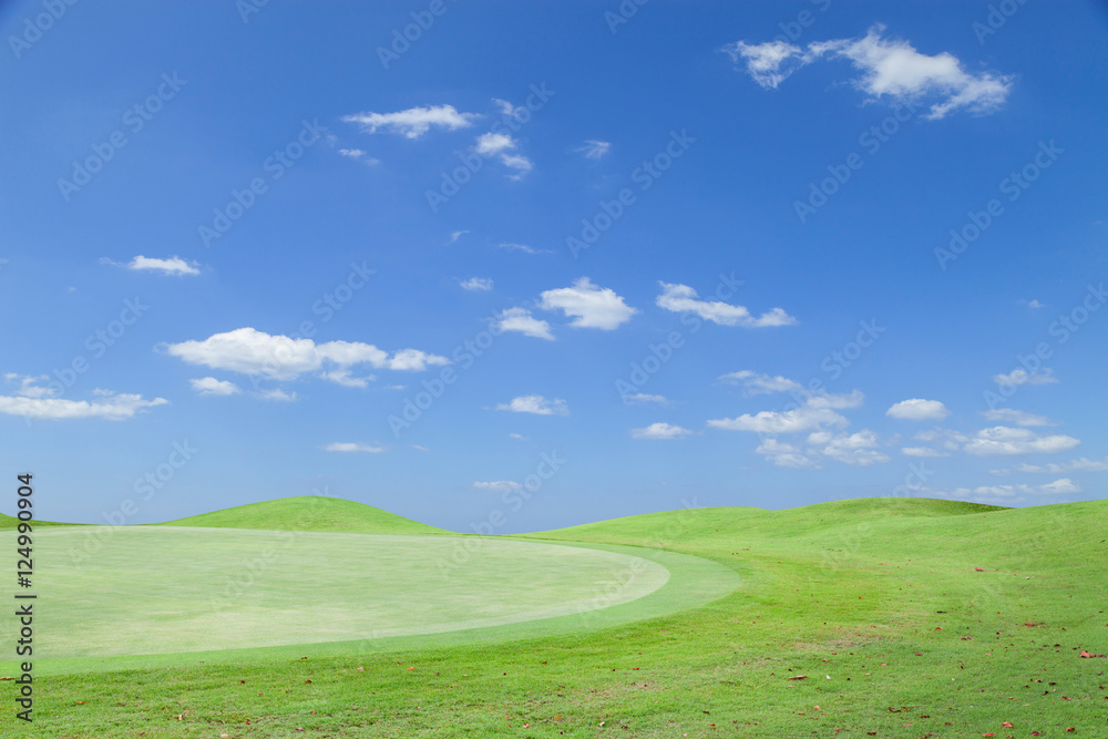 Beautiful Green grass on a golf field blue sky scenery background