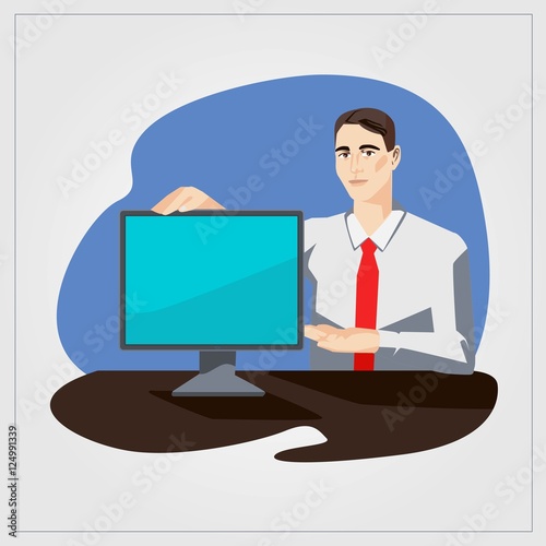 Flat vector illustration with man showing monitor in office