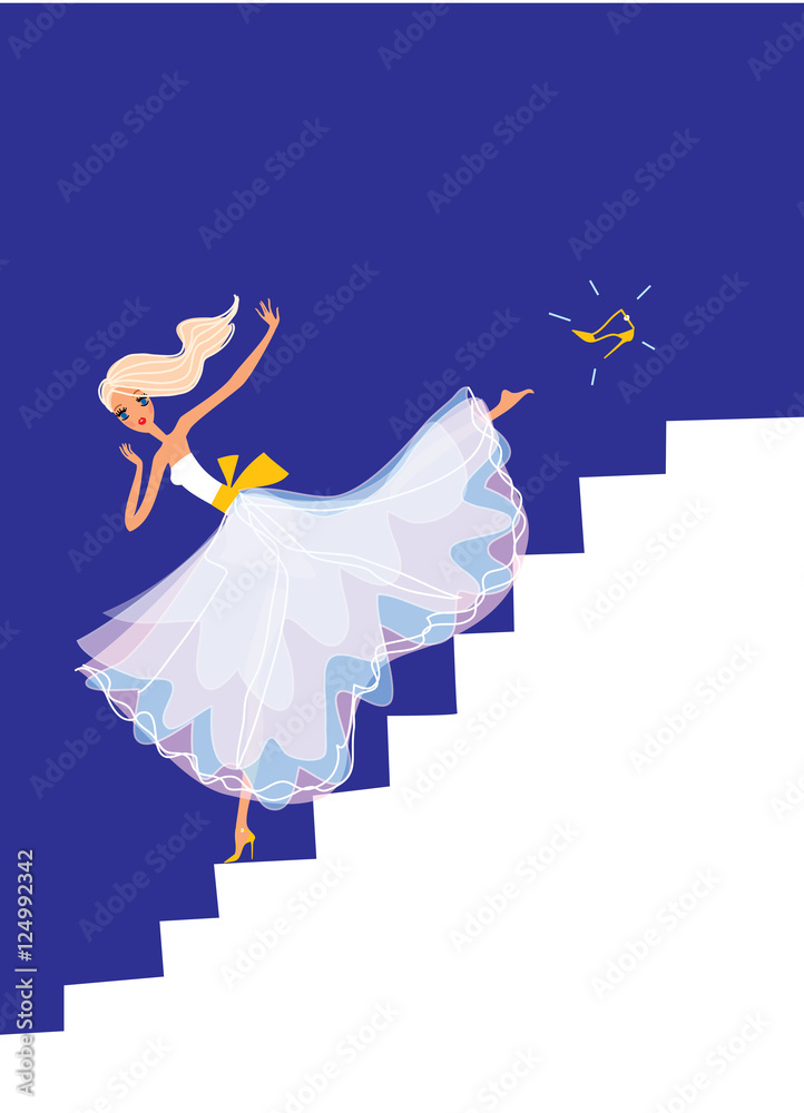 Cinderella running down the stairs. vector illustration