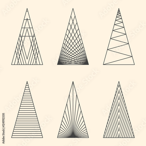 Set of linear graphic stylized Christmas trees on beige backgrou