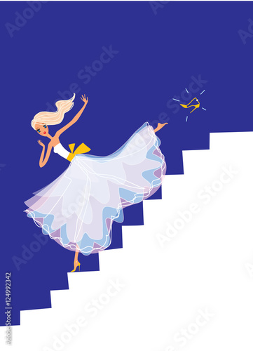 Cinderella running down the stairs. vector illustration