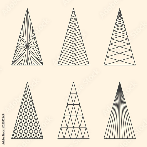 Set of linear graphic stylized Christmas trees on beige backgrou