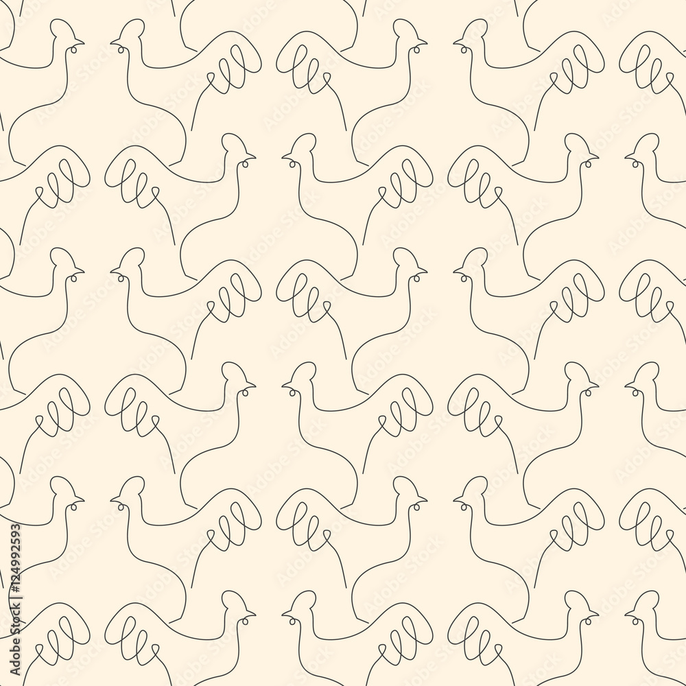 Linear rooster seamless pattern on beige background