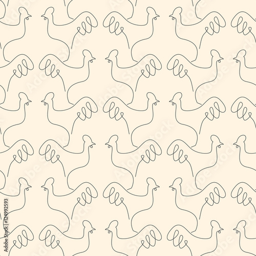 Linear rooster seamless pattern on beige background