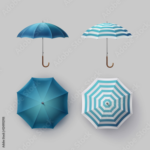 Set of White Blue Striped Blank Classic Opened Round Rain Umbrella Parasol Sunshade Top Front Side View on Background