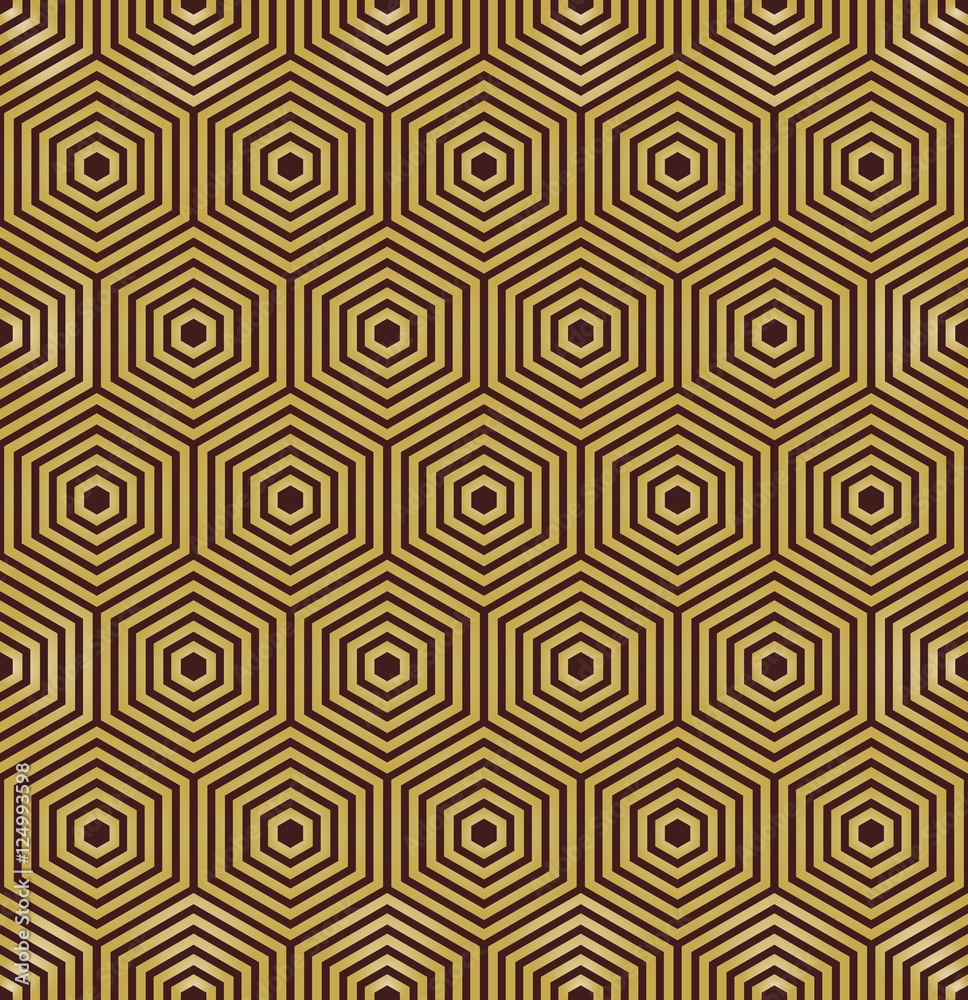 Geometric fine abstract vector hexagonal brown and golden background. Seamless modern pattern