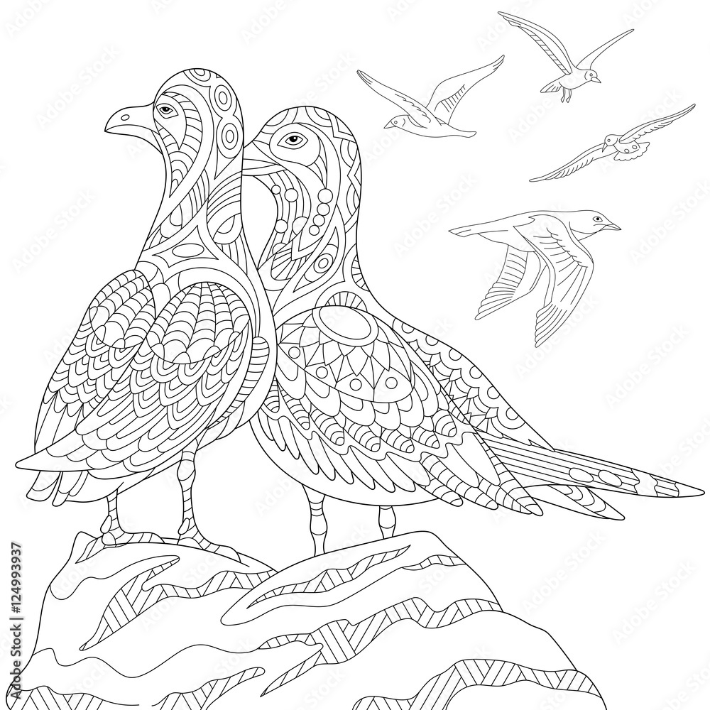 Obraz premium Stylizowane mewy, stado ptaków morskich. Szkic odręczny dla dorosłych kolorowanki antystresowe z elementami doodle i zentangle.