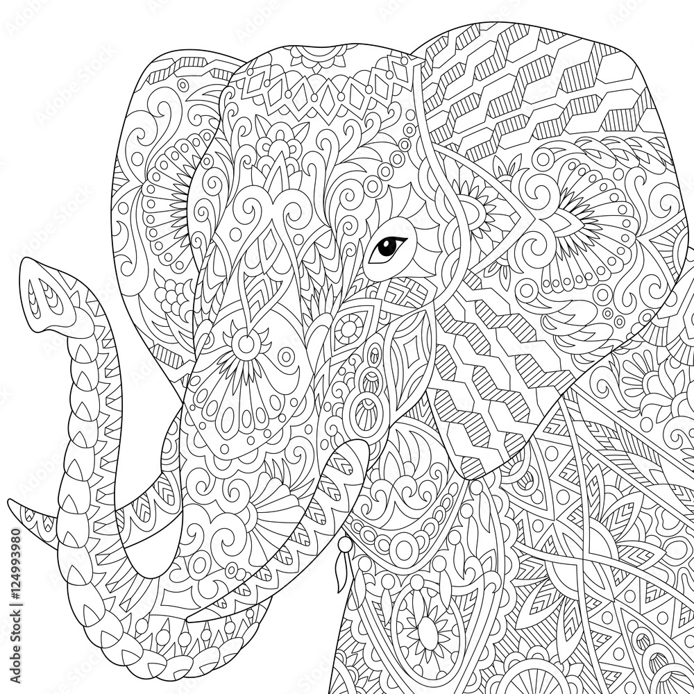 Fototapeta premium Stylized elephant, isolated on white background. Freehand sketch for adult anti stress coloring book page with doodle and zentangle elements.