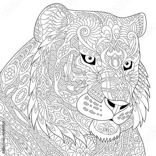 Fototapeta Naklejka Na Ścianę i Meble -  Stylized tiger (lion, wildcat), isolated on white background. Freehand sketch for adult anti stress coloring book page with doodle and zentangle elements.