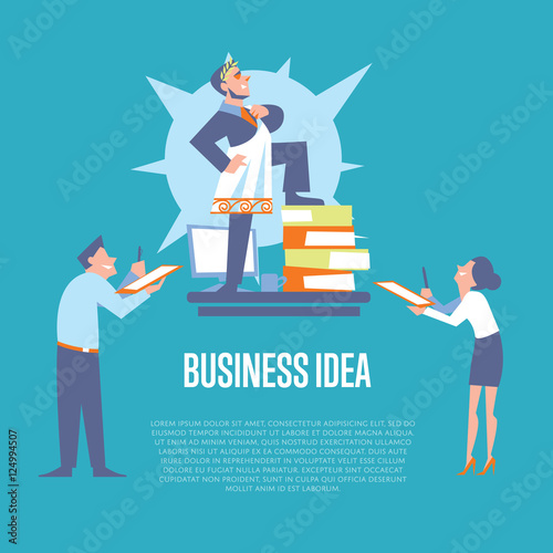 Big boss in roman toga and laurel wreath standing on office table before subordinate workers. Business idea banner, isolated vector illustration on blue background. Teamwork concept. Startup idea