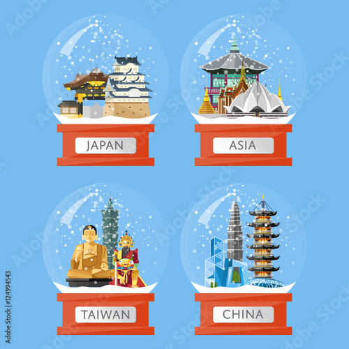 Vector illustration with famous asian traditional and modern attractions in snow globe. Christmas gift. Asian landmarks in glass bowl. Time to travel. Souvenirs set. Snow crystal ball collection