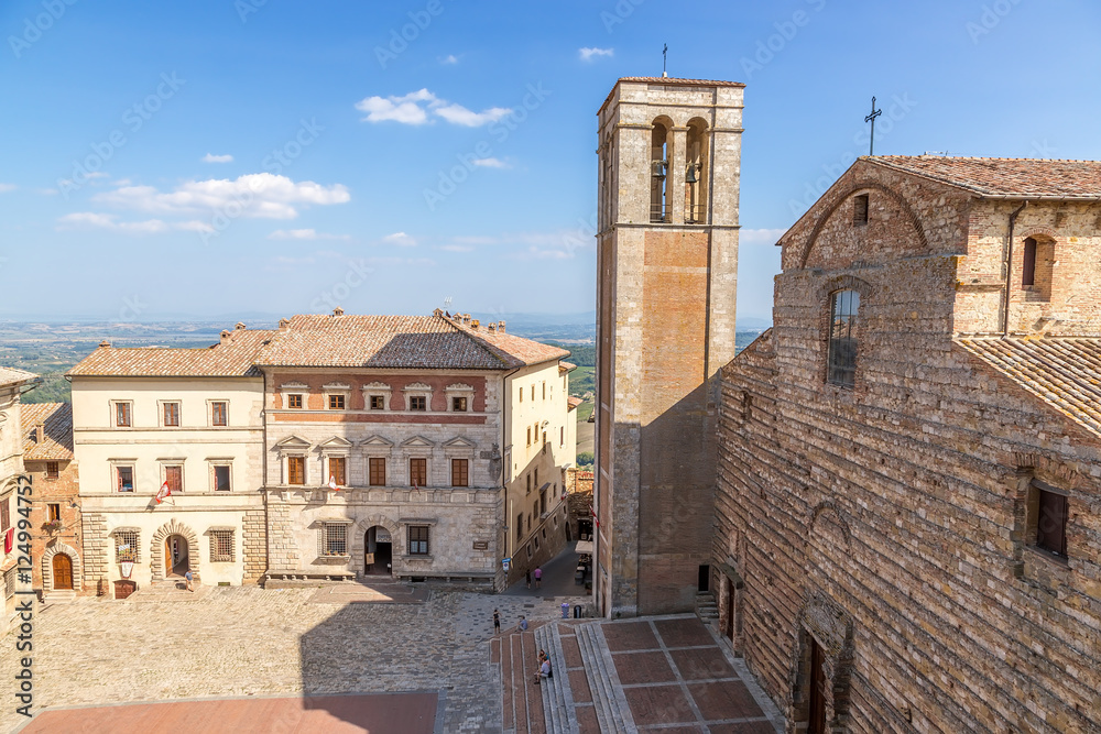 Montepulciano, Italy. A large Square: in the center - Palace Contucci,  right - Bell Tower (XV c.) and the Cathedral of the Assumption of the Virgin Mary, 1592 - 1630