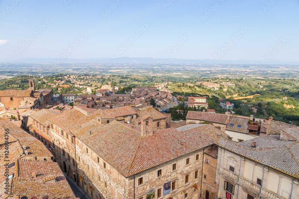 Montepulciano, Italy. Large Square:  in the center - Contucci Palace, on the right - the bell tower (XV c.) and the Cathedral of the Assumption the Virgin Mary, 1592 - 1630