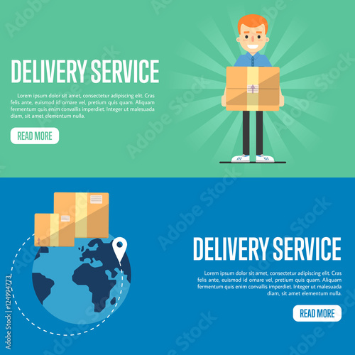 Smiling delivery boy with cardboard box on green background. Cardboard boxes on blue background with globe. Delivery service website templates, vector illustration. Shipping and moving.